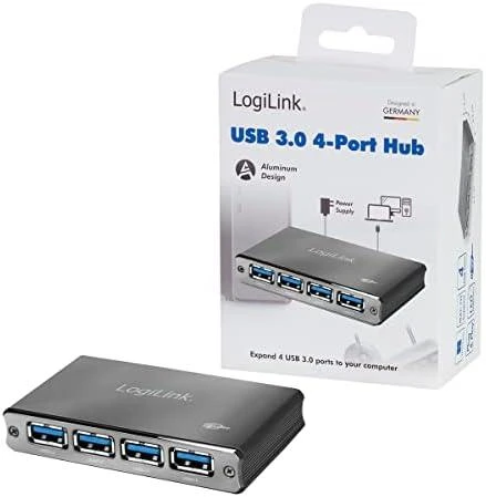 LogiLink Aliuminio HUB USB3.0 4 prievadų, juodas, Su maitinimo šaltiniu