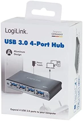 LogiLink Aliuminio HUB USB3.0 4 prievadų, juodas, Su maitinimo šaltiniu