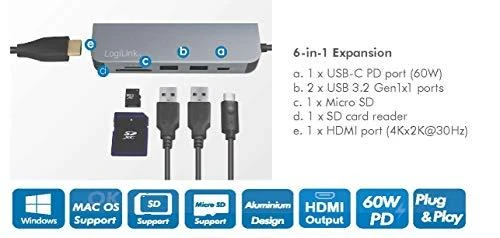 LOGILINK – USB-C™ daugiafunkcis šakotuvas, HDMI, PD, kortelių skaitytuvas, USB 3.2 Gen.