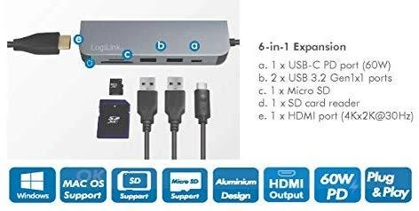 LOGILINK – USB-C™ daugiafunkcis šakotuvas, HDMI, PD, kortelių skaitytuvas, USB 3.2 Gen.