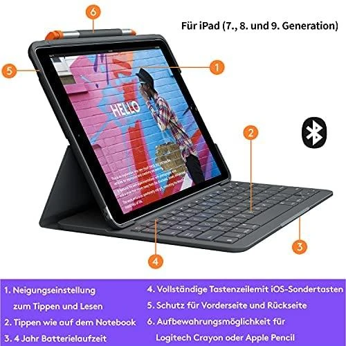 Logitech Slim Folio QWERTZ Vokiečių Grafitas „Bluetooth“