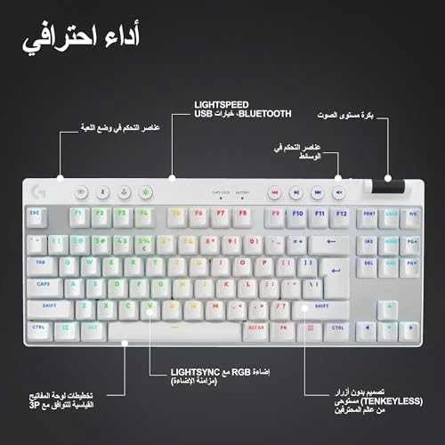 Žaidimų klaviatūra Logitech G Pro X TKL Lightspeed, US išdėstymas, Baltos spalvos