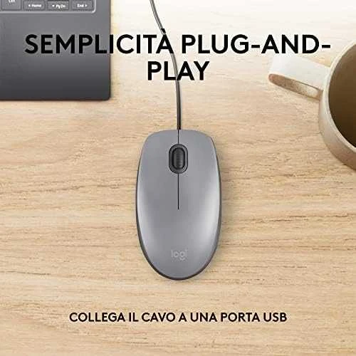 Tyli pelė su laidu Logitech M110, Pilka