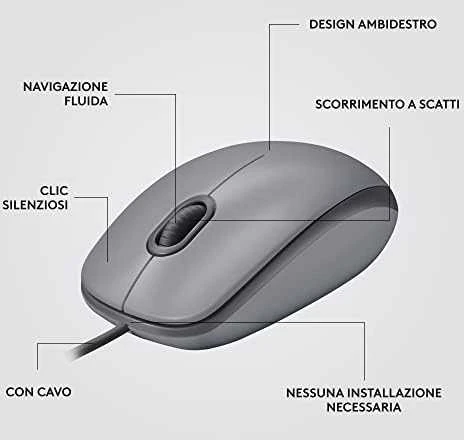 Tyli pelė su laidu Logitech M110, Pilka