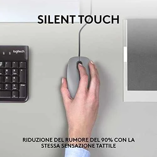 Tyli pelė su laidu Logitech M110, Pilka