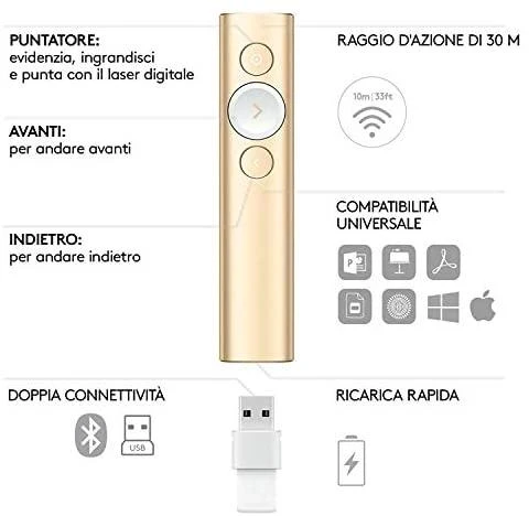 Logitech Spotlight belaidis valdymo pultas pristatymams Bluetooth/RF Auksas