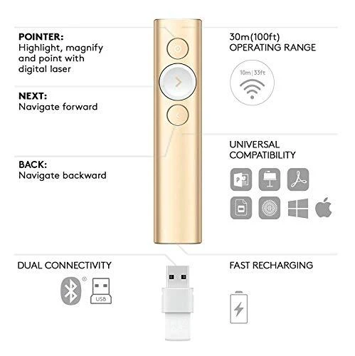Logitech Spotlight belaidis valdymo pultas pristatymams Bluetooth/RF Auksas