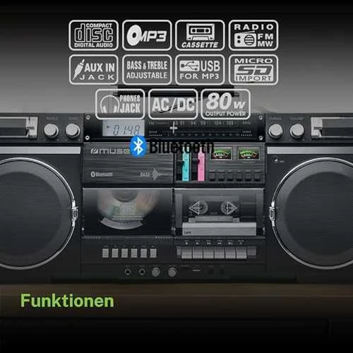 Muzikinis centras Muse | Ghetto Blasters | M-380 GB | AUX in | Bluetooth | Cassette deck | CD grotuvas | Juodas