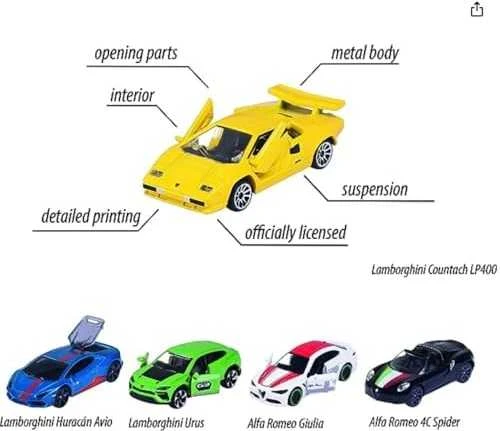 SIMBA Rinkinys 5 metalinės transporto priemonės Lenktyniniai automobiliai Italian Springs Svajonių automobiliai Alfa Romeo Lamborghini kaip dovana