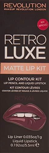 Rinkinys „Makeup Revolution“: „Retro Luxe Matte“ skysti lūpų dažai „Royal“ 5,5 ml + „Retro Luxe“ lūpų pieštukas „Royal“, 1 g