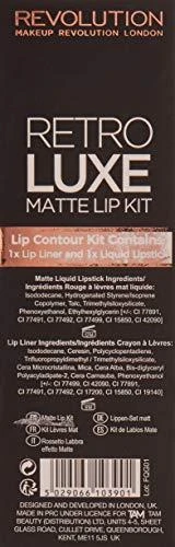 Rinkinys „Makeup Revolution“: „Retro Luxe Matte“ skysti lūpų dažai „Royal“ 5,5 ml + „Retro Luxe“ lūpų pieštukas „Royal“, 1 g