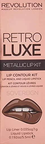 Rinkinys „Makeup Revolution“: „Retro Luxe Metallic“ skysti lūpų dažai „Sovereign“ 5,5 ml + „Retro Luxe“ lūpų pieštukas „Sovereign“, 1 g