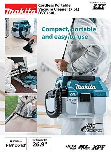 Makita DVC750LZ Akumuliatorinis dulkių siurblys 18V Li-ion; HEPA; Be akumuliatorių ir kroviklio!