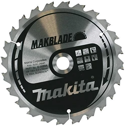 Makita T.C.T. pjūklas MAKBLADE 190X2.2X20mm 5° T24 B-08894 T.C.T • 190 x20 mm • T24 • 5° • Medienai