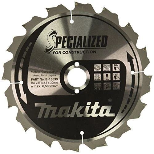 Makita T.C.T. pjūklas SPECIALIZED 235X2.8X30mm 20° T16 B-13699 T.C.T • 235 x30 mm • T16 • 20° • Medienai/Medienai su vinimis