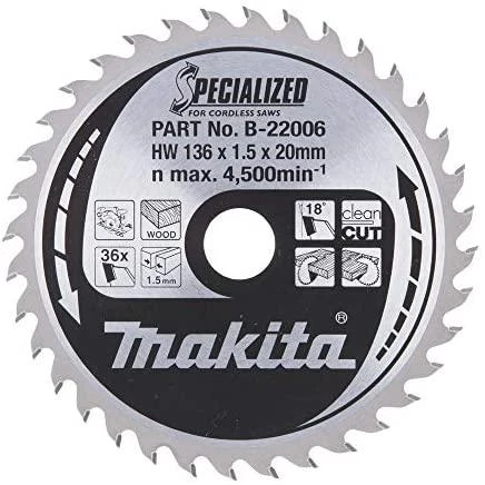 Makita T.C.T. pjūklas SPECIALIZED 136X1.5X20mm 18° T36 B-22006 T.C.T • 136 x20 mm • T36 • 18° • Medienai