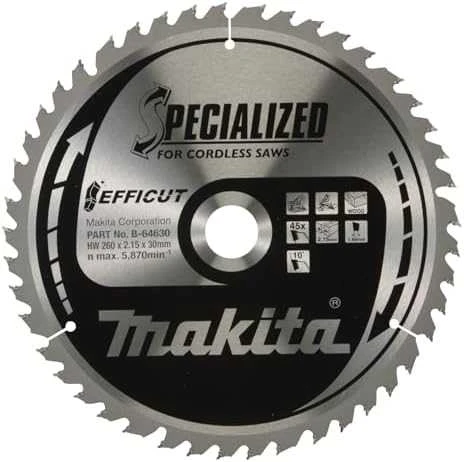 Makita T.C.T. pjūklas EFFICUT 260X2.15X30mm 10° T45 B-64624 T.C.T • 260 x30 mm • T45 • 10° • Medienai