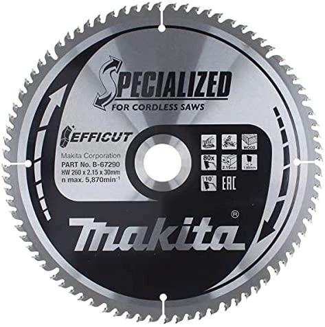 Makita T.C.T. pjūklas EFFICUT 260X2.15X30mm 10° T80 B-67240 T.C.T • 260 x30 mm • T80 • 10° • Medienai