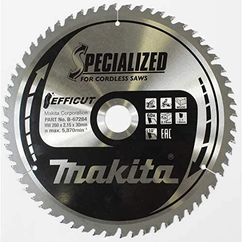 Makita T.C.T. pjūklas EFFICUT 260X2.15X30mm 10° T60 B-67234 T.C.T • 260 x30 mm • T60 • 10° • Medienai