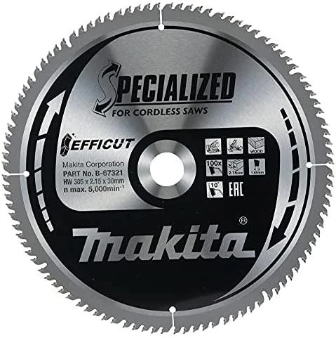 Makita T.C.T. pjūklas EFFICUT 305X2.15X30mm 10° T100 B-67278 T.C.T • 305 x30 mm • T100 • 10° • Medienai