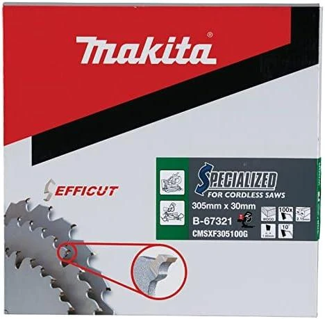 Makita T.C.T. pjūklas EFFICUT 305X2.15X30mm 10° T100 B-67278 T.C.T • 305 x30 mm • T100 • 10° • Medienai