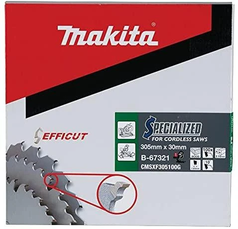 Makita T.C.T. pjūklas EFFICUT 305X2.15X30mm 10° T100 B-67278 T.C.T • 305 x30 mm • T100 • 10° • Medienai