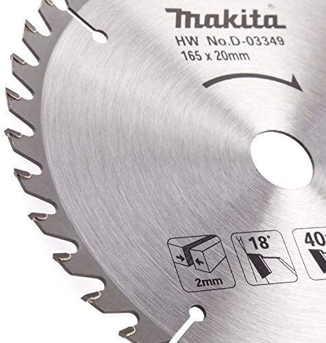 Makita T.C.T. pjūklas 165X2X20mm 18° T40 D-03349 T.C.T • 165 x20 mm • T40 • 18° • Medienai