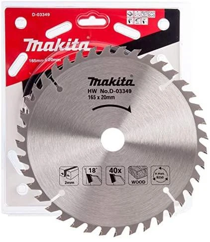 Makita T.C.T. pjūklas 165X2X20mm 18° T40 D-03349 T.C.T • 165 x20 mm • T40 • 18° • Medienai