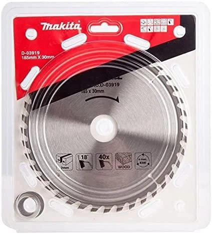 Makita T.C.T. pjūklas 185X2X30mm 18° T40 D-03919 T.C.T • 185 x30 mm • T40 • 18° • Medienai
