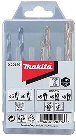 Grąžtas Makita 1/4" Grąžtų komplektas. (Medžiui 5, 6; Metalui 5,6,8) D-20769