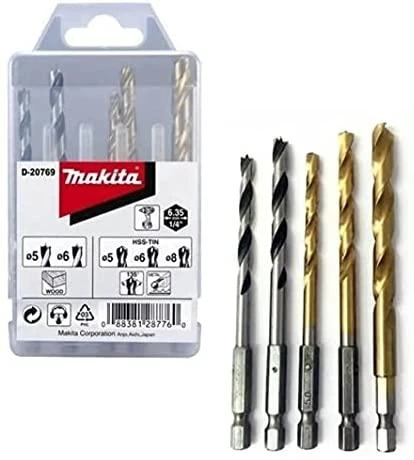 Grąžtas Makita 1/4" Grąžtų komplektas. (Medžiui 5, 6; Metalui 5,6,8) D-20769