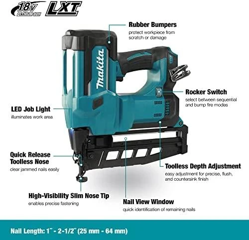 MAKITA akumuliatorinė viniakalė DBN600Z 18V 25-64mm be akumuliatoriaus ir kroviklio
