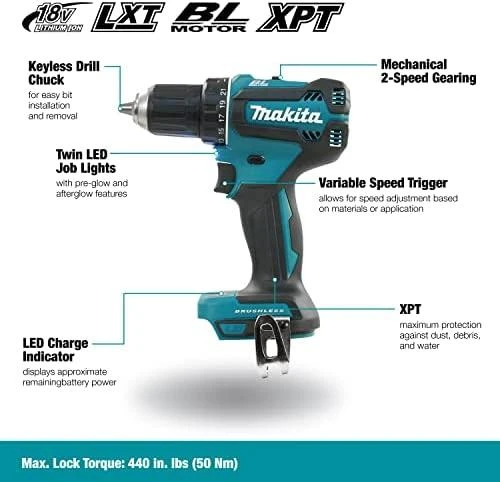 Makita DDF485Z Akumuliatorinis gręžtuvas, 18 V, 50/25 Nm, 1,7kg, LED, BL-motor, Be akumuliatorių ir kroviklio!