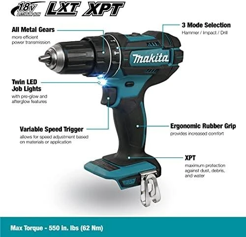 Makita DHP482Z Akumuliatorinis smūginis gręžtuvas, 18 V, 62/36 Nm, Be akumuliatorių ir kroviklio!