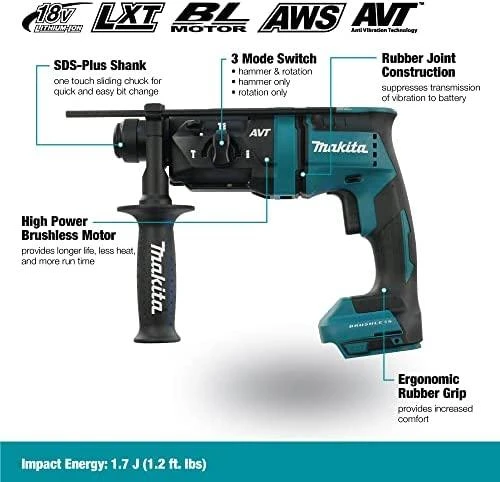 Makita DHR182Z Akumuliatorinis perforatorius, 18 V,SDS-PLUS, 1,7J, LED,Be akumuliatorių ir kroviklio!