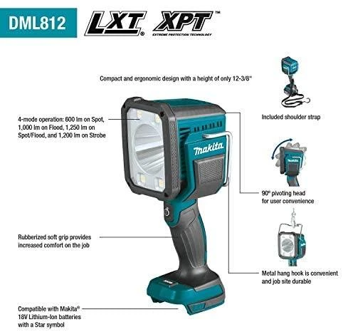 Makita Akumuliatorinis LED prožektorius DML812 14,4V / 18V LXT® • 1250 lm • komplektuojamas be akumuliatoriaus ir kroviklio.