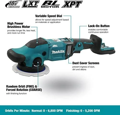 Makita DPO600Z Akumuliatorinis Poliruoklis; 18V; 150mm, 0-6,800 OPM, 0-13,600 SPM, 0-780 RPM, 3,1kg