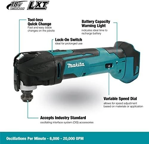 Makita DTM51Z Akumuliatorinis universalus švytuoklinis įrankis 18V 6000-20000 judesiai per min, amplitudė 3,2°; Be akumuliatorių ir kroviklio!