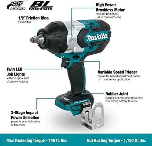 Makita DTW1002Z Akumuliatorinis smūginis veržliasukis 18V, 1200 Nm, LED, 1/2", Be akumuliatorių ir kroviklio!