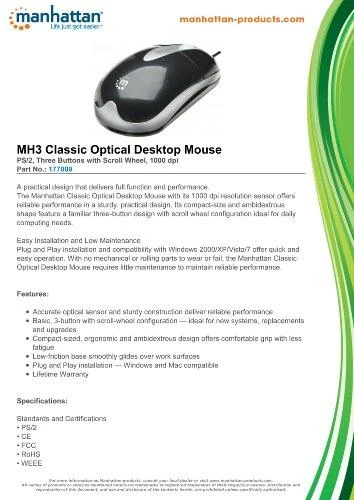 Intracom MANHATTAN MH3 Classic Optinė pelė PS/2 3 Mygtukai su ratuku 800 dpi Accurate optical sensor and sturdy construction