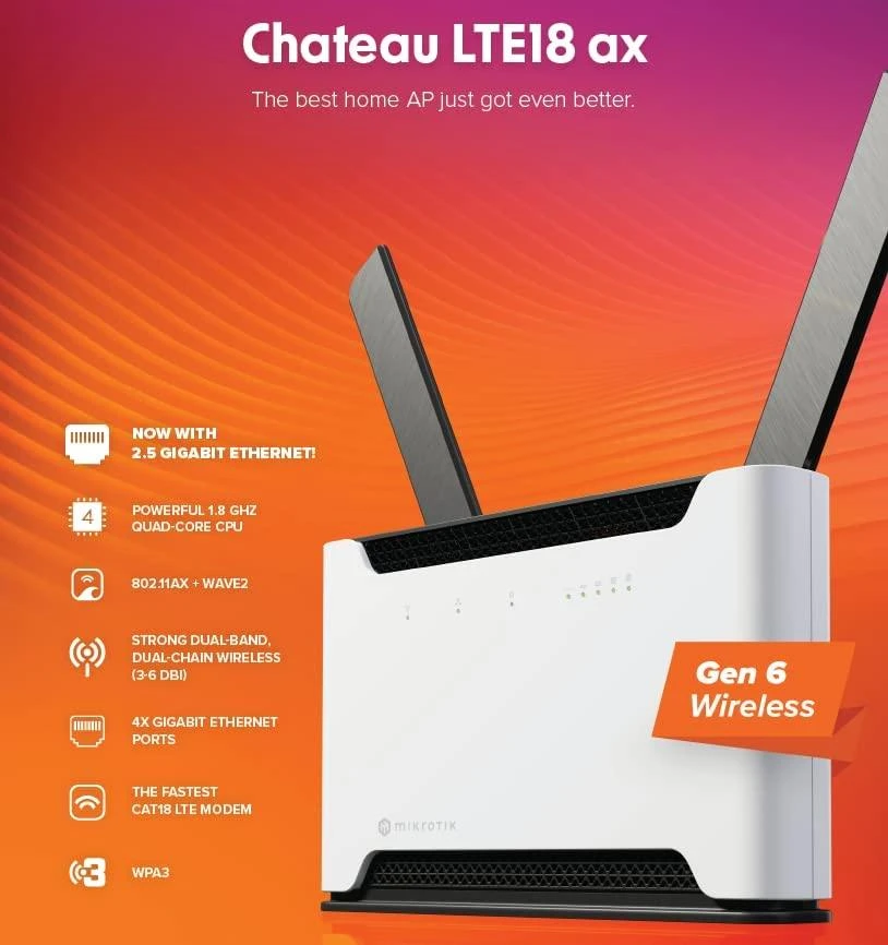 Maršrutizatorius MikroTik Chateau LTE18 ax S53UG+5HaxD2HaxD-TC&EG18-EA 802.11ax, 574 Mbit/s (2,4 GHz) / 1200 Mbit/s (5 GHz) Mbit/s, Ethernet LAN (RJ-45) jungtys, 4 | MicroTick | Pilis LTE18 ašis | S53UG+5HaxD2HaxD-TC&EG18-EA | 802.11ax | 574 Mbit/s (2,4 GHz) / 1200 Mbit/s (5 GHz) Mbit/s | Ethernet LAN (RJ-45) jungtis 4 | 4G | 1