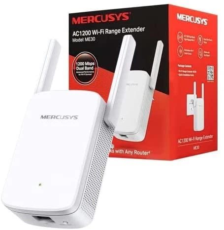 TP-Link Mercusys | AC1200 Wi-Fi diapazono plėstuvas | ME30 | 802.11ac | 2GHz/5GHz | 867+300 Mbit/s | 10/100 Mbit/s | Ethernet LAN (RJ-45) jungtys 1 | MU-MiMO Nr. | nėra PoE | Antenos tipas 2x išorinė