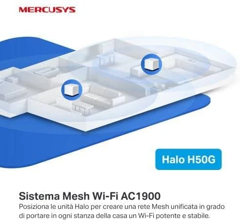 Maršrutizatorius TP-Link „Mercusys“ | AC1900 viso namo tinklinio „Wi-Fi“ sistema | „Halo H50G“ (2 vnt.) | 802.11ac | 600+1300 Mbps | Ethernet LAN (RJ-45) jungtys 3 | Tinklo palaikymas: Taip | MU-MiMO: Taip | Mobilusis plačiajuostis ryšys: Be