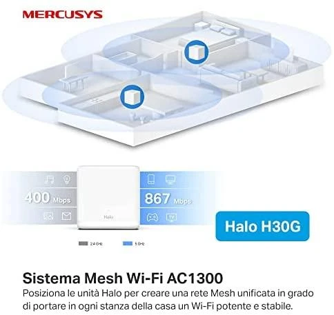 Maršrutizatorius TP-Link „Mercusys“ | AC1300 viso namo tinklinio „Wi-Fi“ sistema | „Halo H30G“ (2 vnt.) | 802.11ac | 400+867 Mbit/s | Ethernet LAN (RJ-45) jungtys 2 | Tinklo palaikymas: Taip | MU-MiMO: Taip | Ne, mobilusis plačiajuostis ryšys: