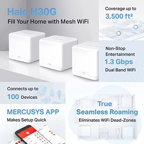 Maršrutizatorius TP-Link „Mercusys“ | AC1300 viso namo tinklinio „Wi-Fi“ sistema | „Halo H30G“ (3 vnt. pakuotė) | 802.11ac | 400+867 Mbit/s | Ethernet LAN (RJ-45) jungtys 2 | Tinklo palaikymas: Taip | MU-MiMO: Taip | Mobilusis plačiajuostis ryšys: Be