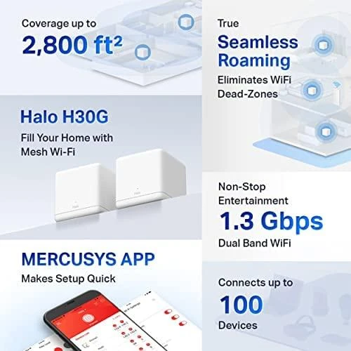 Maršrutizatorius TP-Link „Mercusys“ | AC1300 viso namo tinklinio „Wi-Fi“ sistema | „Halo H30G“ (2 vnt.) | 802.11ac | 400+867 Mbit/s | Ethernet LAN (RJ-45) jungtys 2 | Tinklo palaikymas: Taip | MU-MiMO: Taip | Ne, mobilusis plačiajuostis ryšys: