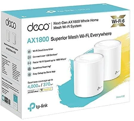 Maršrutizatorius TP-LINK | „AX1800 Whole Home Mesh Wi-Fi 6“ sistema | Deco X20 (2 pakuotės) | 802.11ax | 1201+574 Mbit/s | 10/100/1000 Mbit/s | Ethernet LAN (RJ-45) jungtys 2 | Tinklelio palaikymas Taip | MU-MiMO Taip | Nėra mobiliojo plačiajuosčio ryšio | Antenos tipas 4xInternal per Deco uni