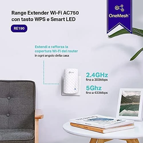TP-LINK AC750 Wi-Fi diapazono plėstuvas prie sienos prijungtas 3 vidinės antenos 433Mbps esant 5GHz + 300Mbps esant 2,4GHz diapazono plėstuvo režimui WPS