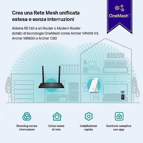TP-LINK AC750 Wi-Fi diapazono plėstuvas prie sienos prijungtas 3 vidinės antenos 433Mbps esant 5GHz + 300Mbps esant 2,4GHz diapazono plėstuvo režimui WPS