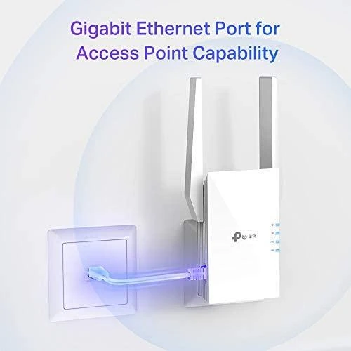 TP-LINK AX1500 „Wi-Fi 6“ diapazono plėtiklis „Broadcom 1.5GHz“ trijų branduolių procesorius, 2 išorinės antenos, jungiamas prie sienos.